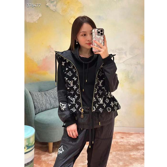 Louis Vuitton LV Women Sleeveless Hooded Monogram Teddy Jacket Acrylic Wool Black White