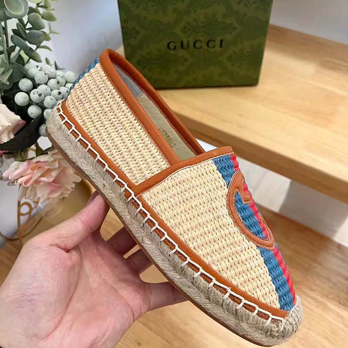 Gucci Unisex GG Interlocking G Espadrilles Natural Raffia Brown Leather Round Toe Flat
