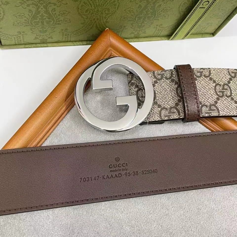 Gucci Unisex GG Blondie Belt Round Interlocking G Buckle Beige Ebony Supreme Canvas