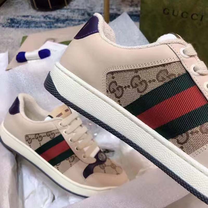 Gucci Unisex GG Screener Sneaker Beige Navy Leather Canvas Low 4 cm Heel