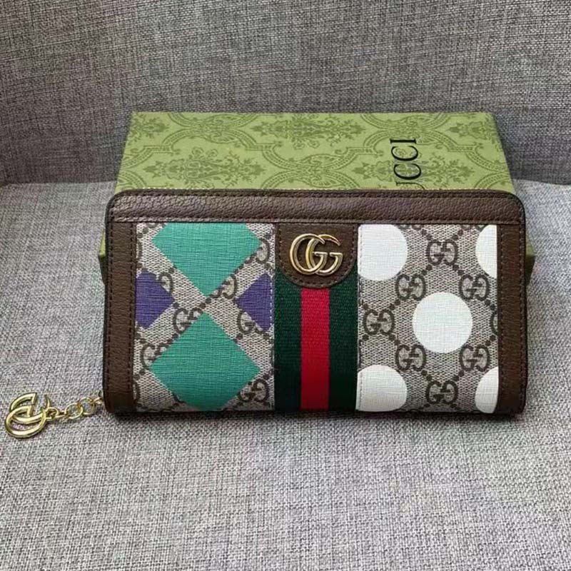 Gucci Unisex GG Ophidia Zip Around Wallet Beige Ebony GG Supreme Canvas