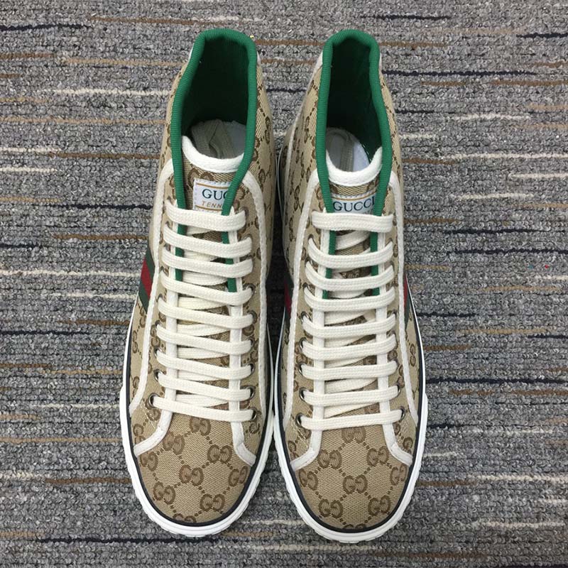 Gucci Unisex Tennis 1977 High Top Sneaker Brown Rubber Sole Flat 2 Cm Heel