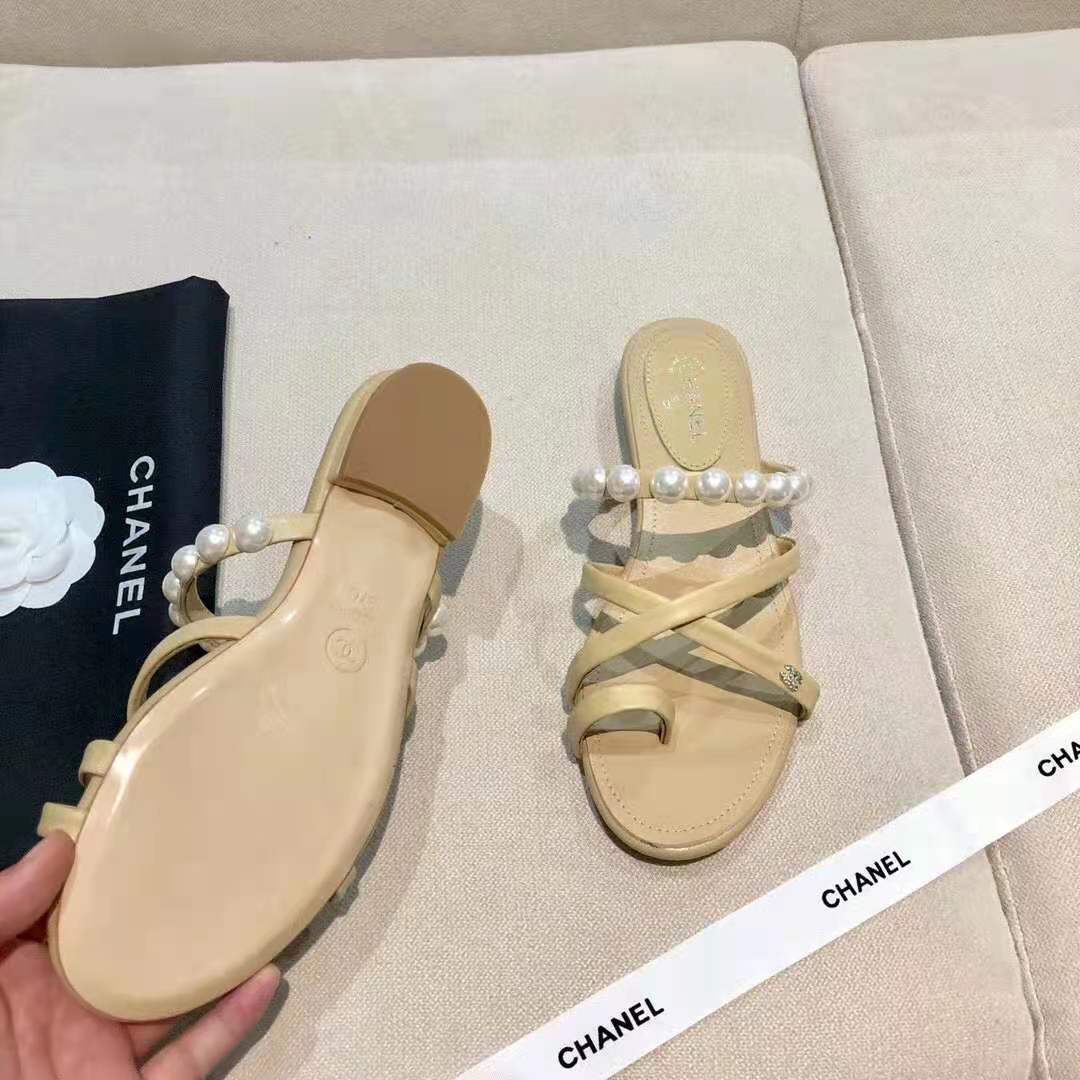 Chanel Women Mules Kid Suede & Pearls Beige 1.5 cm Heel