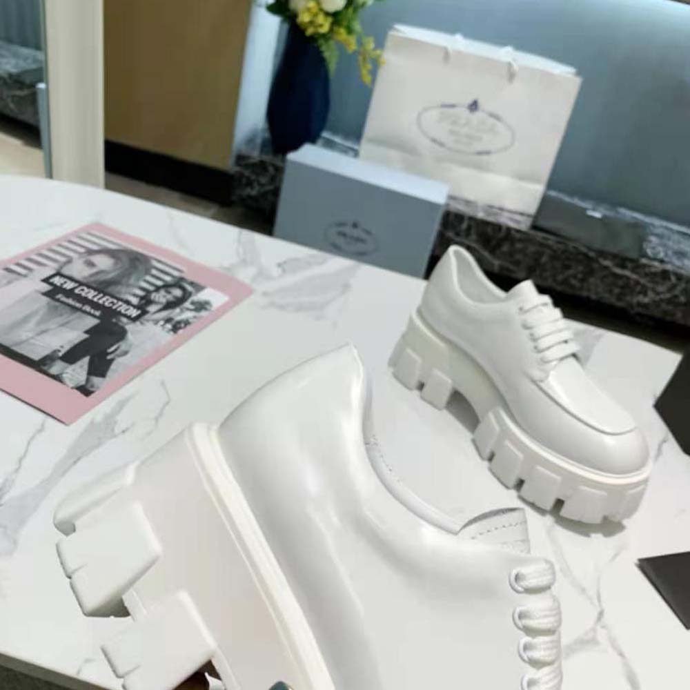 Prada Women Monolith Brushed Leather Lace-up Shoes-White