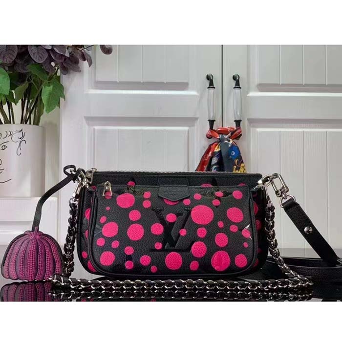 Louis Vuitton Women LV x YK Multi Pochette Accessoires Black Fuchsia Embossed Grained Monogram Empreinte Cowhide