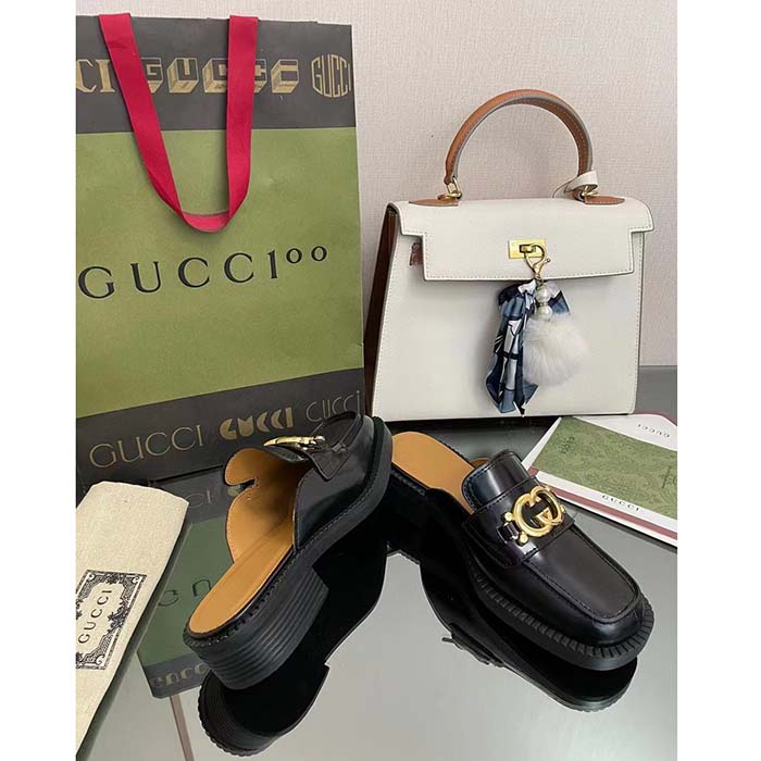 Gucci Unisex GG Slipper Interlocking G Black Leather Low 2.5 Cm Heel