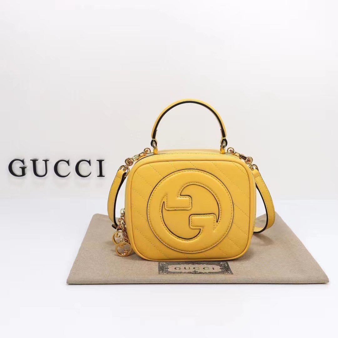 Gucci Women GG Blondie Top Handle Bag Yellow Leather Round Interlocking G