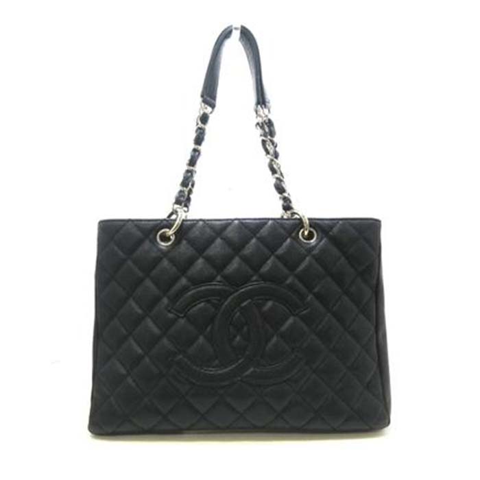 Chanel Women CC Shopping Bag Black Calfskin Leather Silver-Tone Metal