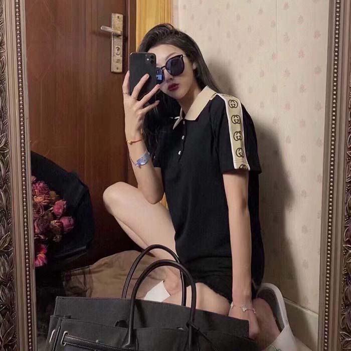 Gucci GG Women Polo with Interlocking G Stripe Black Cotton