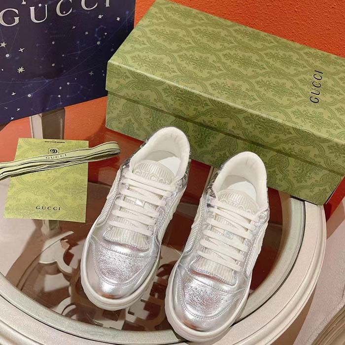 Gucci Unisex GG MAC80 Sneaker Metallic Silver Leather Fabric Round Toe Rubber Flat