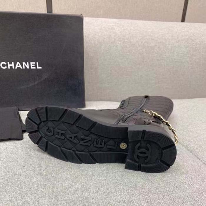 Chanel Women CC Lace-Ups Boots Lambskin & Grained Calfskin Black 4 Cm Heel