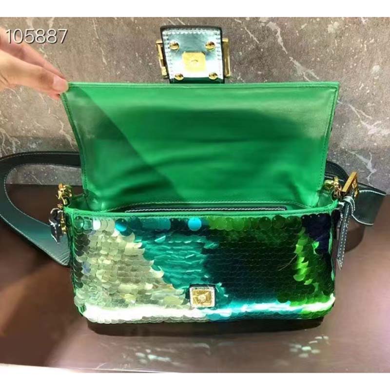 Fendi Women FF Baguette 1997 Green Leather Sequinned Bag