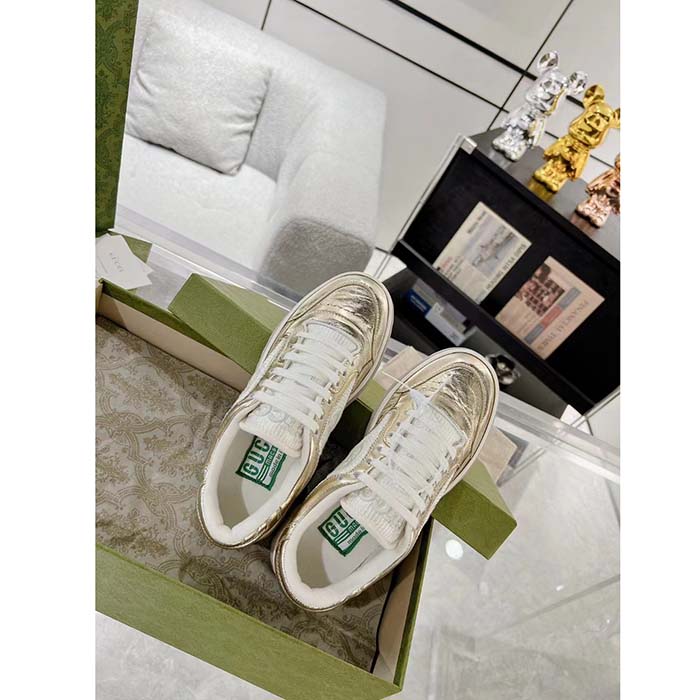 Gucci Unisex GG MAC80 Sneaker Metallic Gold Leather Interlocking G Embroidery Round Toe Rubber Flat