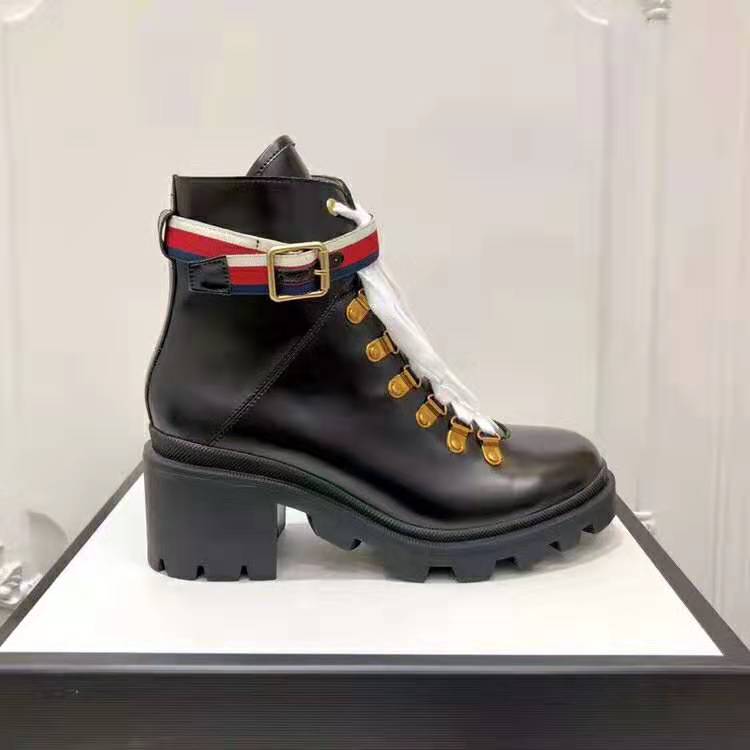 Gucci Women Gucci Leather Ankle Boot with Sylvie Web in Black Leather 2.5 cm Heel