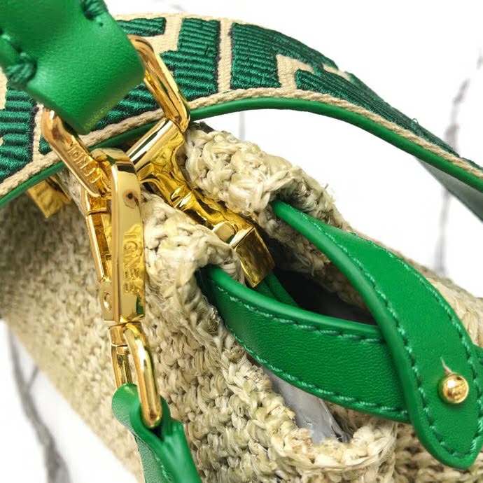 Fendi Women Peekaboo Iconic Mini Natural Raffia Bag Green Nappa