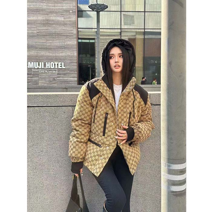 Gucci Women GG Canvas Bomber Jacket Camel Ebony Black Trim Lined Dropped Shoulder Padded