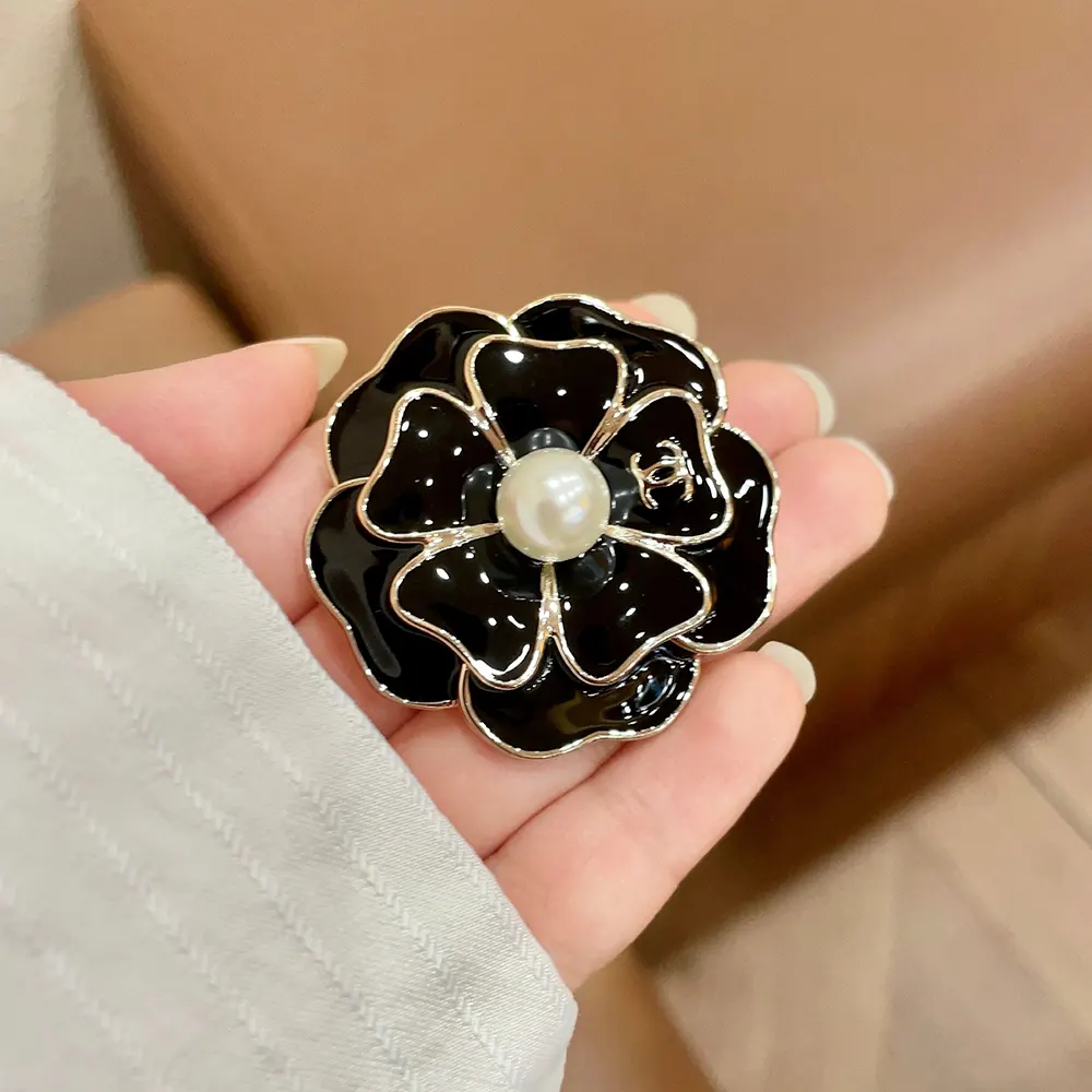 Chanel Women Brooch Metal & Resin Gold Black & Pearly White ABG238