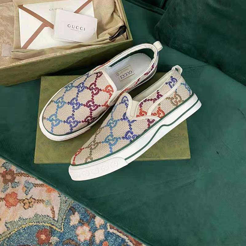 Gucci Unisex Espadrille Multicolor GG Linen Canvas Cord Platform Rubber Bottom