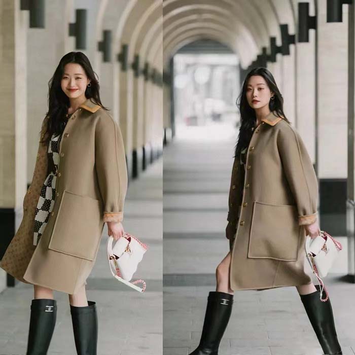 Louis Vuitton Women LV Removable Collar Double Face Coat Wool Silk Ficelle Foncée Brown Regular Fit