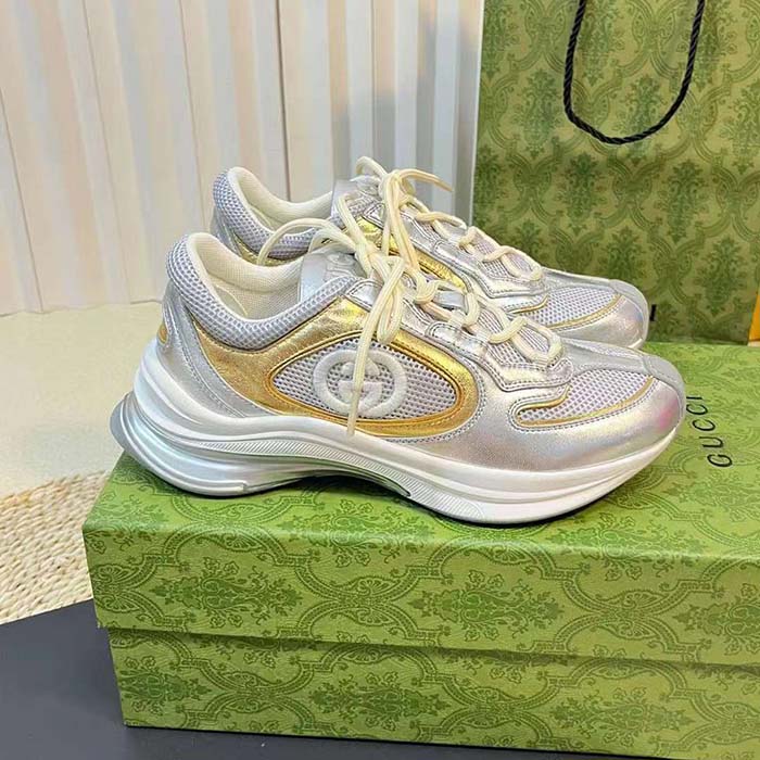 Gucci Unisex Run Sneaker Silver Metallic Leather Interlocking G Bi-Color Rubbe Low Heel