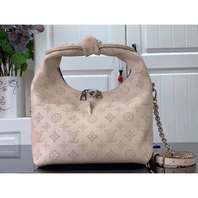 Louis Vuitton LV Women Why Knot PM Handbag Cream Beige Perforated Mahina Calf Leather