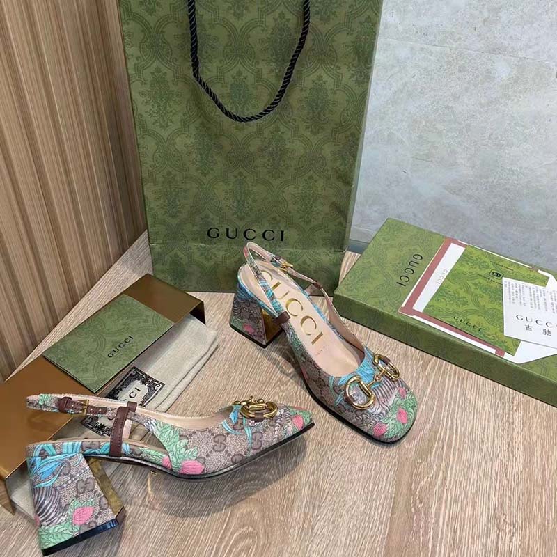 Gucci Women GG Tiger Mid-Heel Slingback Tiger Flower Beige Ebony Supreme Canvas
