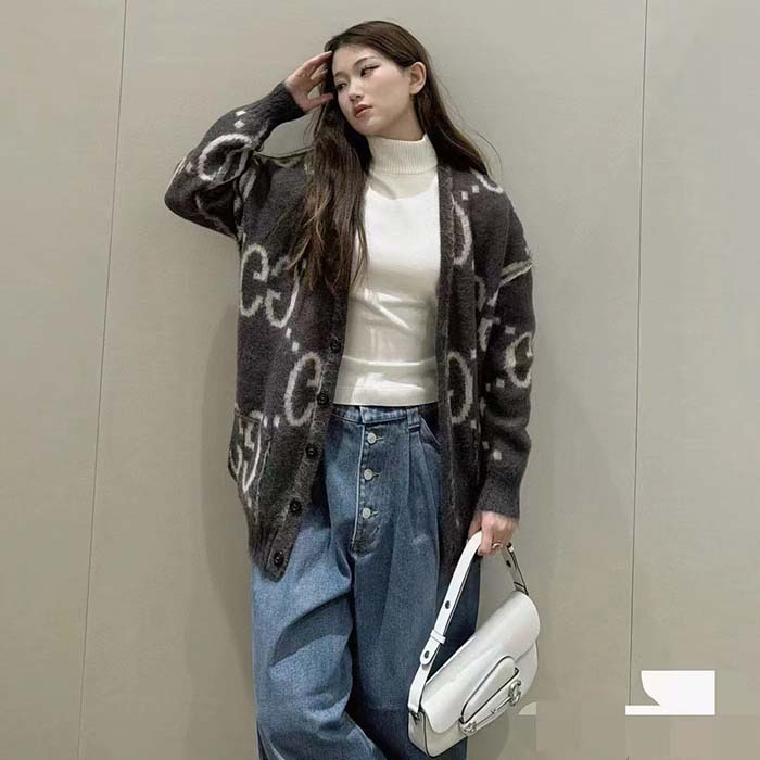 Gucci Women Reversible GG Mohair Wool Cardigan Brushed GG Jacquard Blend V-Neck Front Pockets