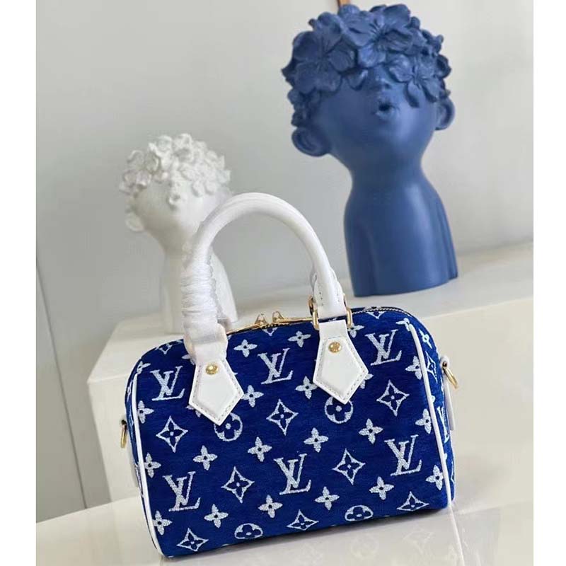 Louis Vuitton Women Speedy Bandouliere 20 Bag Blue Monogram Jacquard Velvet Cowhide
