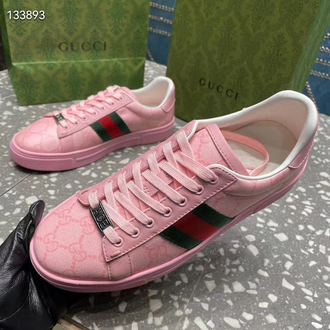 Gucci Women GG Ace Sneaker Web Pink GG Crystal Canvas Rubber Low-Heel