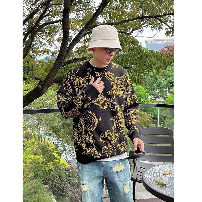 Louis Vuitton Men Monogram Cotton Crewneck Regular Fit Wavy Monogram Jacquard Black