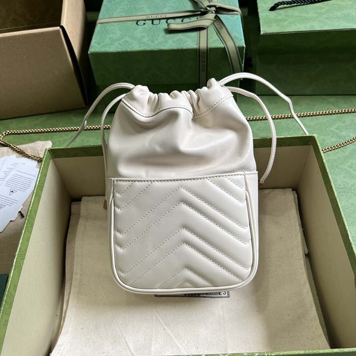 Gucci Women GG Marmont Mini Bucket Bag White Matelassé Chevron Leather Double G