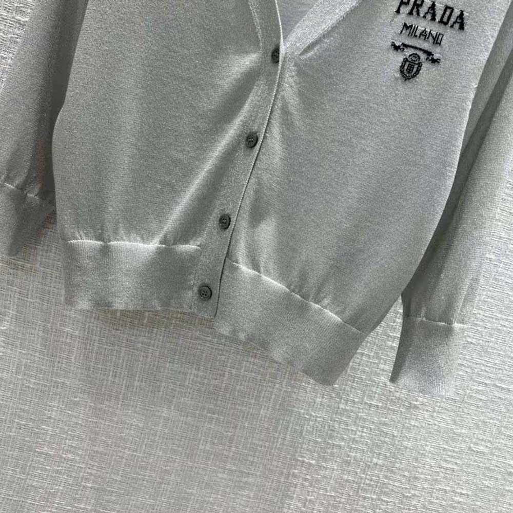 Prada Women Cropped Lurex Cardigan with Intarsia Logo-Silver
