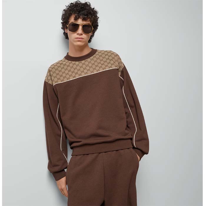 Gucci GG Men Cotton Jersey Sweatshirt GG Canvas Yoke Crewneck Dropped Shoulder Batwing Sleeves