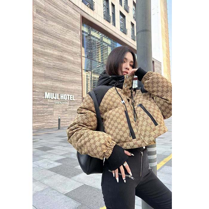 Gucci Women GG Canvas Bomber Jacket Camel Ebony Black Trim Lined Dropped Shoulder Padded