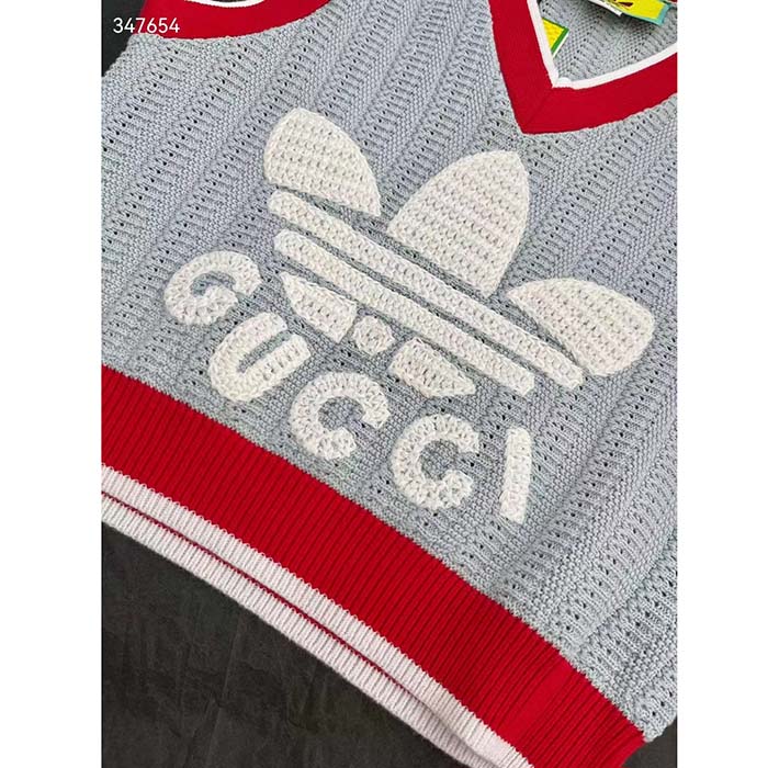 Gucci Women GG Adidas x Gucci Rib Stitch Sleeveless Top Cotton Trefoil Embroidery Knit V-Neck