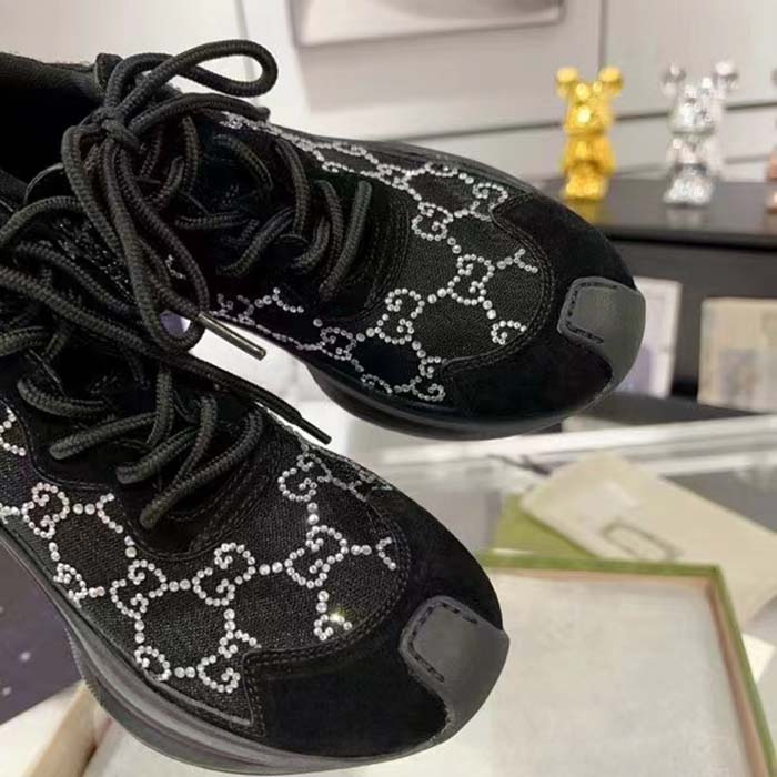 Gucci Unisex GG Gucci Run GG Crystal Mesh Sneaker Black Suede Mid 6 CM Heel