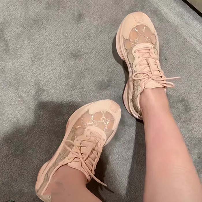 Gucci Women GG Gucci Run GG Crystal Mesh Sneaker Pink Suede Mid 6 CM Heel