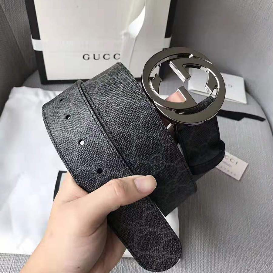 Gucci Unisex GG Supreme Belt with G Buckle in Black/Grey GG Supreme Canvas