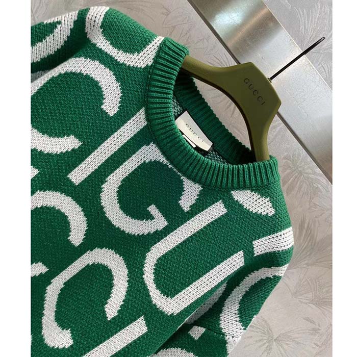 Gucci Women GG Wool Sweater Gucci Intarsia Green Crewneck Dropped Shoulder