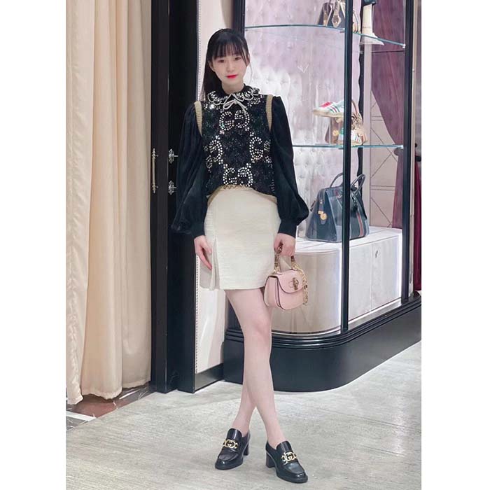 Gucci Women GG Loafer Interlocking G Shiny Black Leather Mid 6 Cm Heel