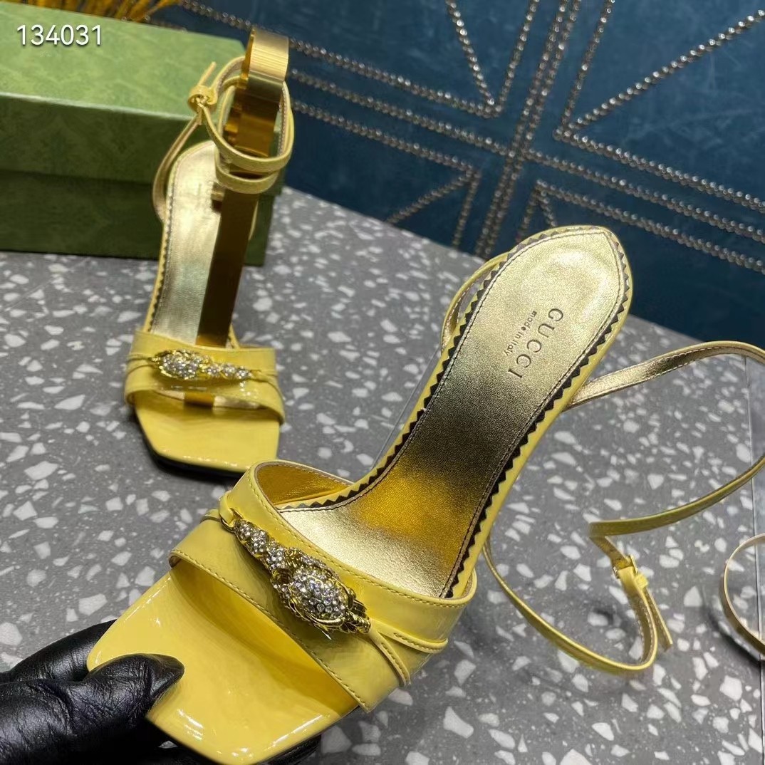 Gucci Women GG High-Heel Sandal Hardware Yellow Patent Leather Square Toe Geometric-Shaped Heel