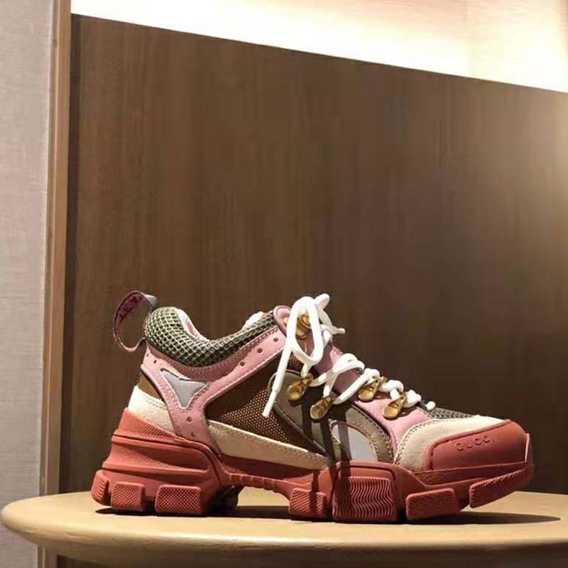 Gucci Unisex Flashtrek Sneaker in Brown and Pink Leather 5.6 cm Heel