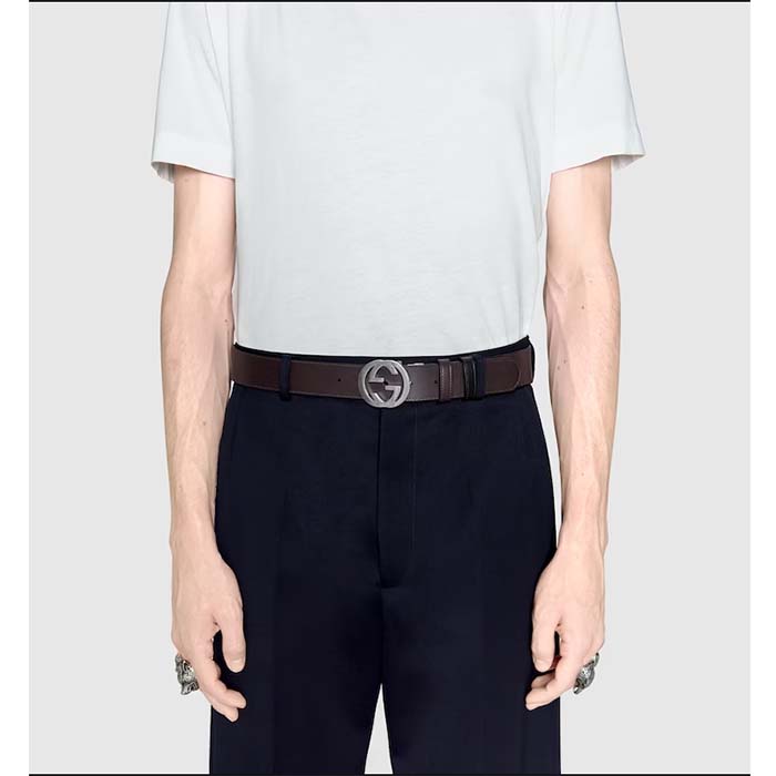 Gucci Unisex GG Reversible Gucci Signature Belt Black Leather Reverses To Brown Leather