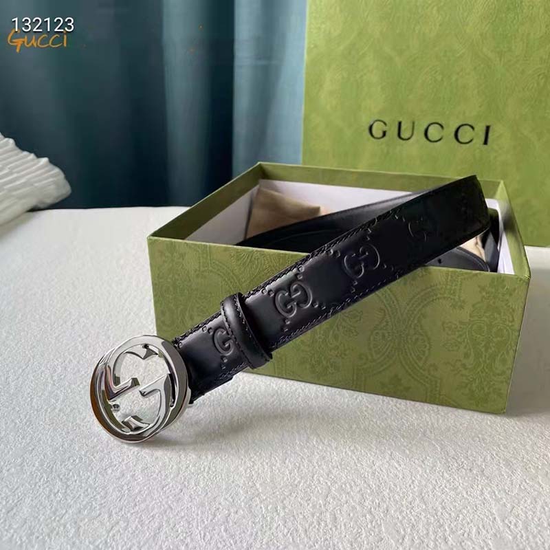 Gucci Unisex GG Signature Leather Belt Interlocking G Buckle Silver Hardware 4 cm Width