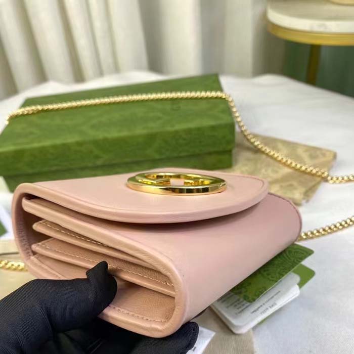 Gucci Women GG Blondie Medium Chain Wallet Pink Leather Round Interlocking G
