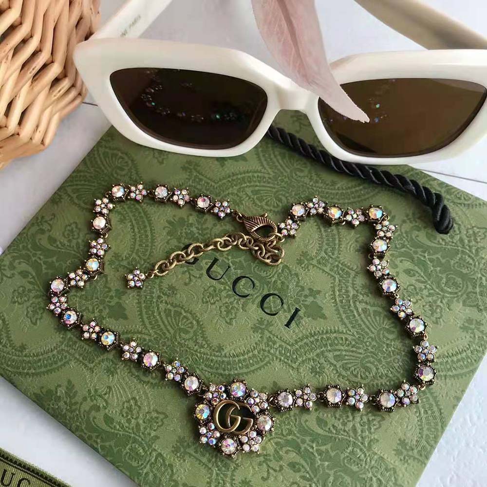Gucci Women Double G Crystal Flowers Necklace