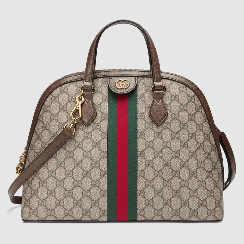 Gucci GG Women Ophidia GG Medium Top Handle in Beige/Ebony GG Supreme Canvas