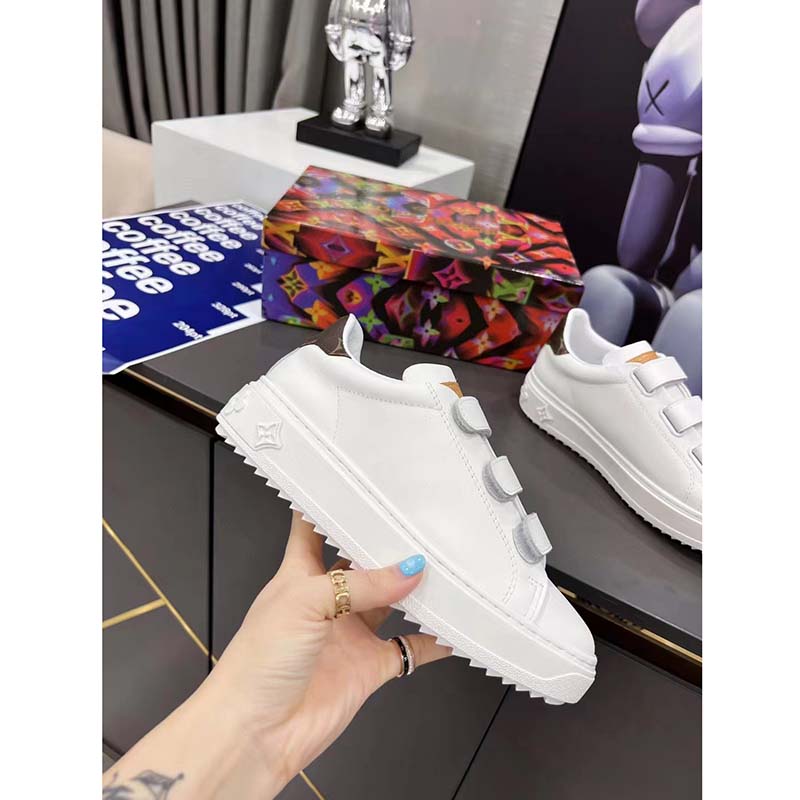 Louis Vuitton LV Unisex Time Out Sneaker White Calf Leather Monogram Canvas