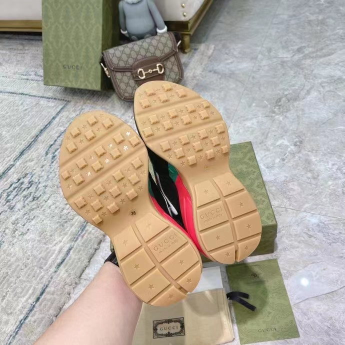 Gucci Unisex GG Rhyton Sneaker Black Leather Mesh Rubber Sole Low Heel