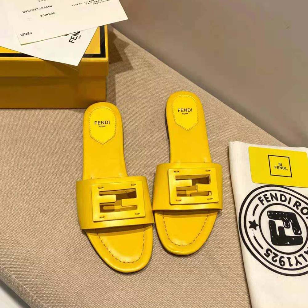 Fendi Women Signature Yellow Leather Slides in 0.4 inches Heel Height